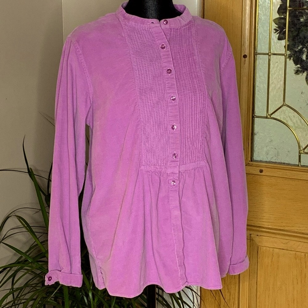 LL Bean Womens Blouse Size Med Purple Corduroy Fine Pin Button Up Smock